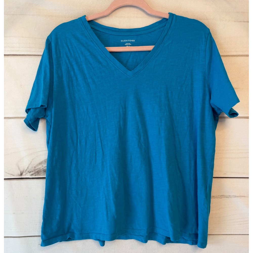 Eileen Fisher Organic Cotton V-Neck Short Sleeve Tee Blue Large